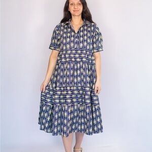 Navy Collared Floral Button Down Midi Dress